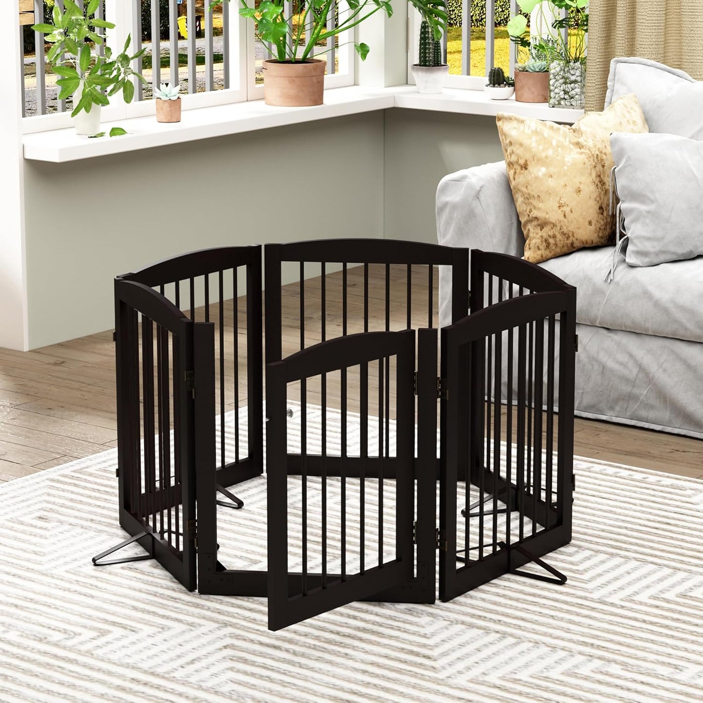 PUPETPO Freestanding Dog Gate with Door, Pet Gate for Stairs, 80 inch Wide Pet Barrier Indoor, Dog Fences Indoor, Support Feet Included, 4 Panels, 24" Tall, Dark Brown