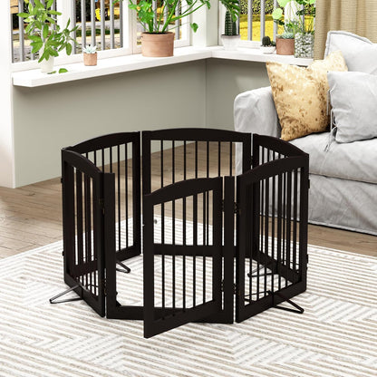 PUPETPO Freestanding Dog Gate with Door, Pet Gate for Stairs, 80 inch Wide Pet Barrier Indoor, Dog Fences Indoor, Support Feet Included, 4 Panels, 24" Tall, Dark Brown