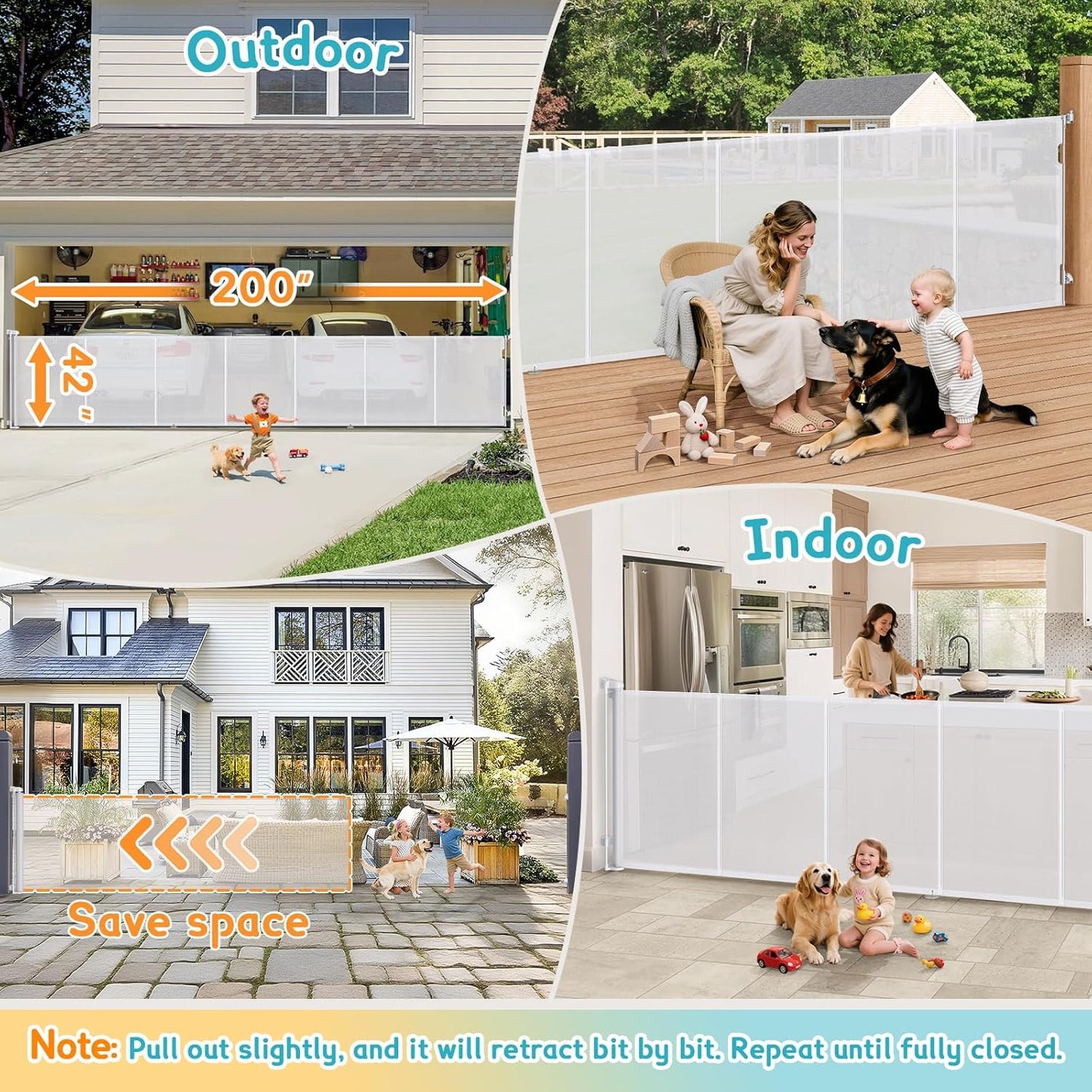 160 Inch Retractable Baby Gates Extra Wide, 42 Inch Extra Tall Retractable Gate, 13 FT Reinforced Retractable Dog Gate with Reinforcement Rod to Prevent Crawling Through, for Doorways, Stairs, Hallway