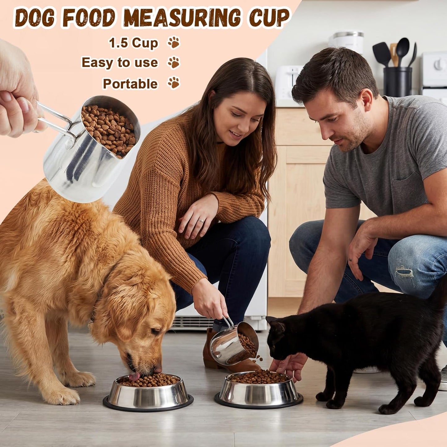 Zonon 2 Pieces 1.5/12 oz Cup Dog Food Stainless Steel Scoop, Durable Metal Dog & Cat Food Cup with Ergonomic No-slip Grip, Easy-clean, Rust-resistant Convenient for Bucket Pet Animal Feeds (Novel)