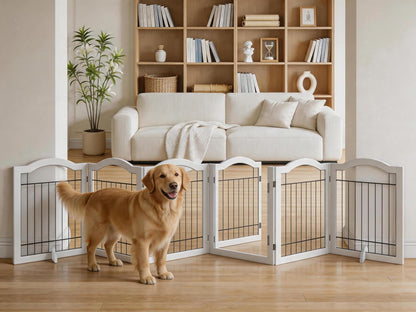 Vantas Espresso Wooden Folding Dog Gate 144" Wide x 30" Tall with Door, Freestanding Pet Gate, Pet Puppy Safety Fence