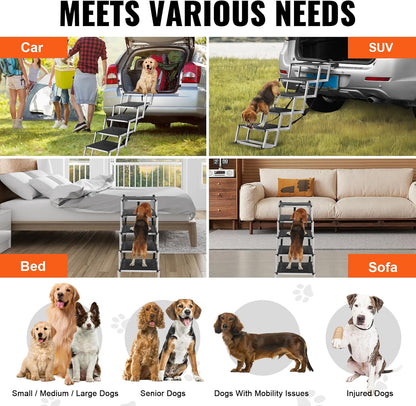 VEVOR 4-Step Dog Car Steps, Folding Dog Ramp with Nonslip Surface, Portable Pet Steps in Aluminum for Car, SUV and Truck, Supports up to 250 lbs