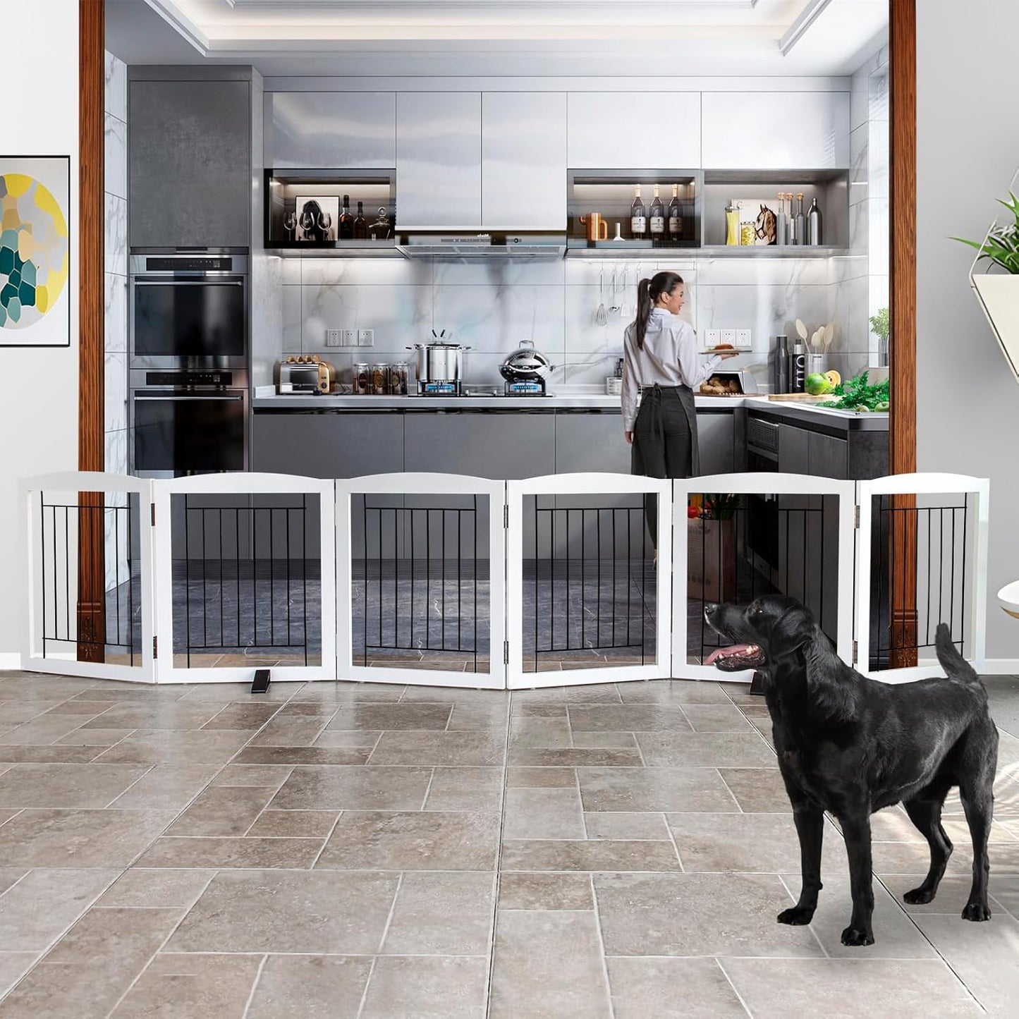 ZJSF Freestanding Dog Fence Indoor, Foldable Dog Gate for Doorways, Stairs or Hallways, Sturdy Wood Extra Wide Pet Gate with Support Feet for The House, White, 24 "Height-3 Panels