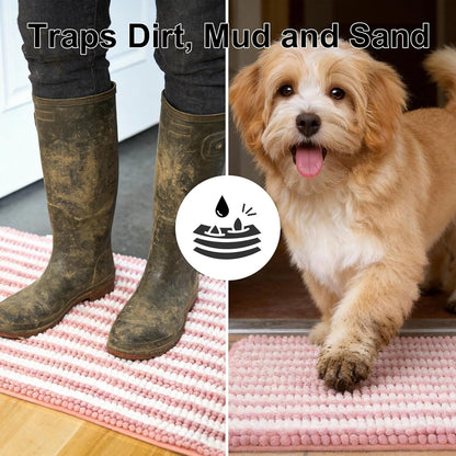pobopobo Dog Door Mat for Muddy Paws - Absorbent & Washable Chenille Rug, Non-Slip Dirt Trapper for Indoor Outdoor Entryway, Quick Dry Pet Mat for Muddy Dogs (Striped Gray-Blue&White, 24" x 16")