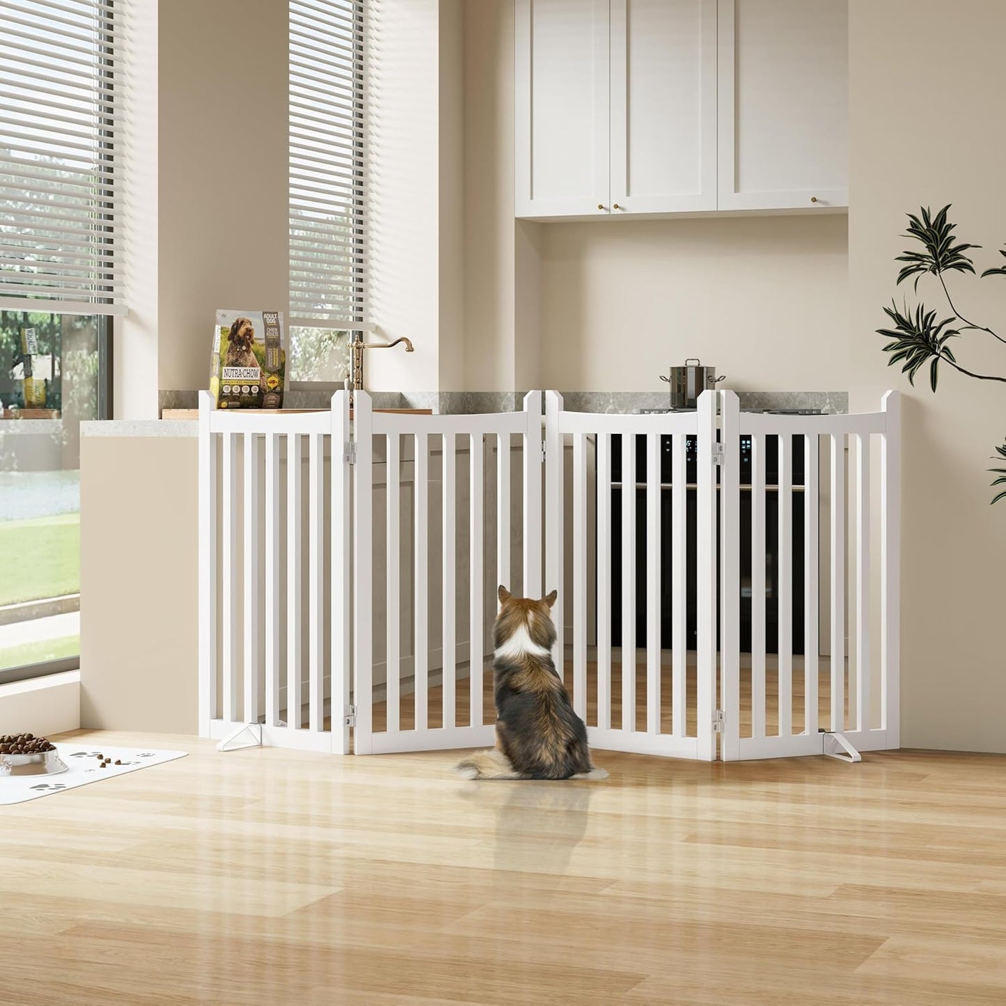 Yaheetech 36" H Extra Tall Freestanding Pet Gate 4-Panel Wooden Dog Fence with 2 Support Feet Folding Dog Gate for Indoor, Stairs, Doorways, Halls, Kitchen Wooden Pet Barrier White, 79.5" L x 36" H