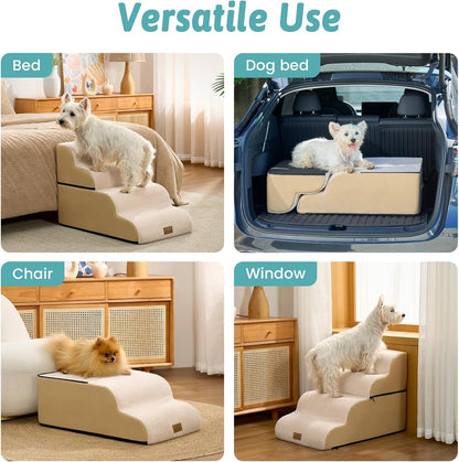 COZY KISS Extra Wide Dog Stairs with Tunnel, Foam Detachable Large Dog Step for Small Pet, Puppy or Cats, Medium Pet Ramp for High Bed, Couch, Sofa or Car, 19.7x33x22.4 inch, 5 Step, Beige