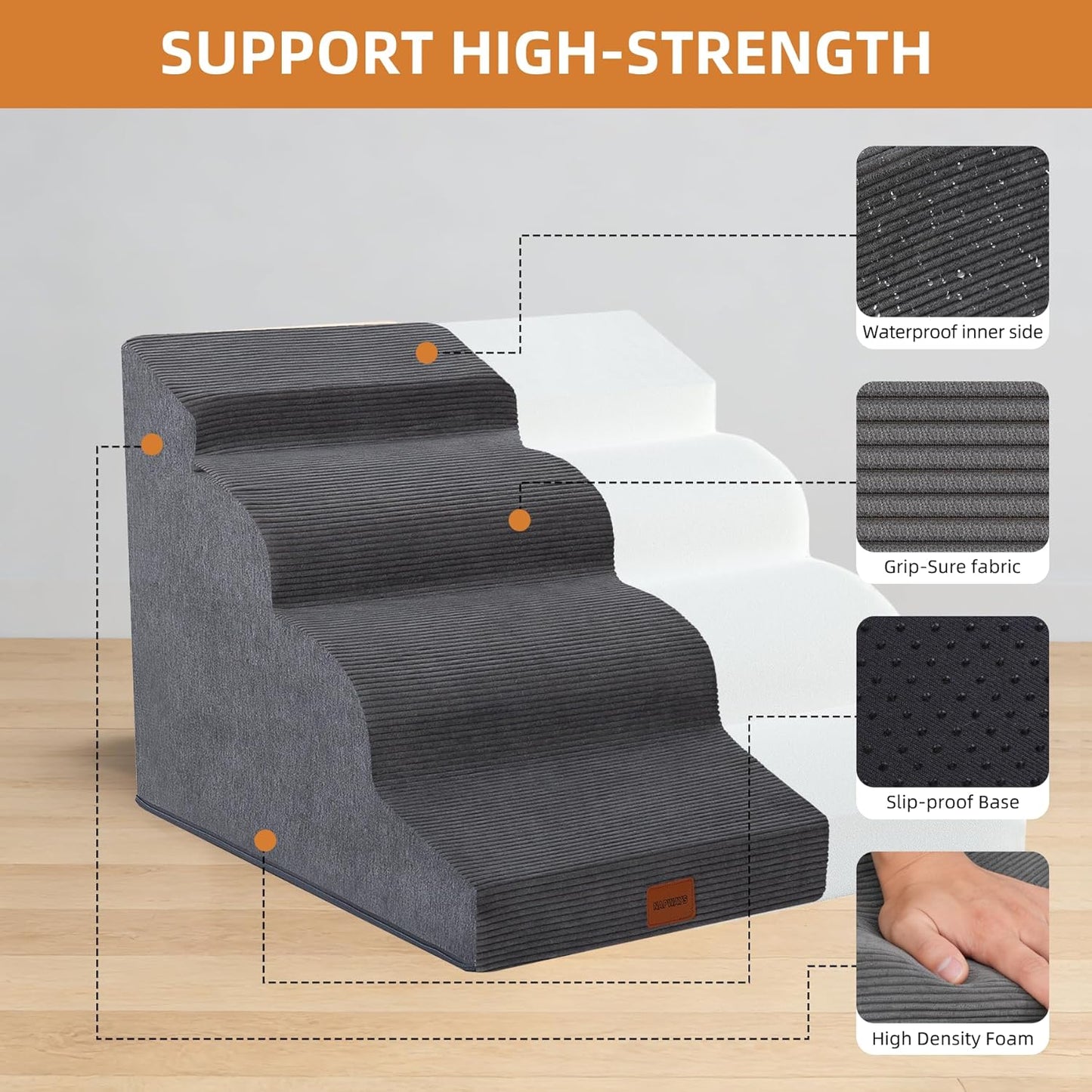 Dog Stairs for Small Dogs and Cats, 15.7" H, 3-Step Curved Pet Ramp for Couch Sofa and Chair, Non-Slip Medium Pet Steps with High Density Foam, Beige