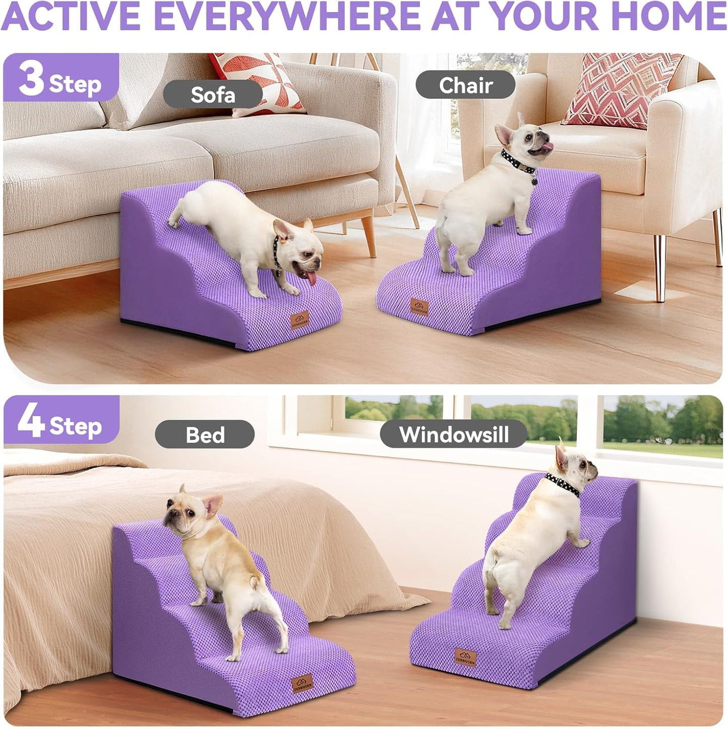 Zerbuger Dog Ramp and Stair for Bed 16" H-20 H,3-Step Cat Stair for Sofa and Chair,4-Step Dog Ramp for High Bed and Window,Durable Nonslip Fabric Cover for Indoor (Coffee-16 H, Pet Friendly, 3)