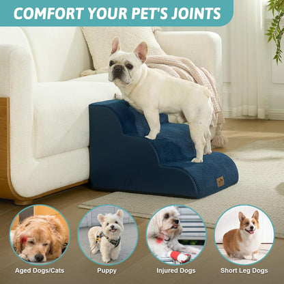 COZY KISS Dog Stairs for Small Dogs 15.7" H, Curved Dog Step for Puppy, Older Cat, Medium Pet Ramp for Sofa, Couch or Chair, Ladder with High Density Foam, 3 Step, 15.7x22.4x15.7 inch, Beige