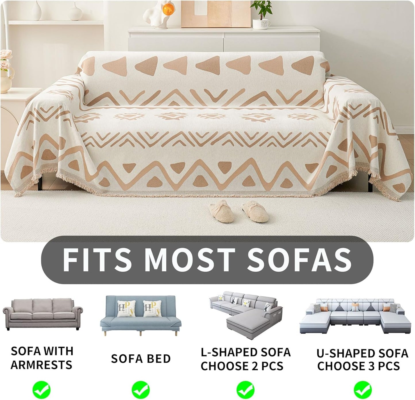 HAOMAIJIA Non Slip Couch Cover Sofa Covers for 3 Cushion Couch Washable sectional Couch Covers for Dogs pet Furniture Protector Couch Cover Blanket for Living Room (Off White, 91"x134")