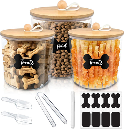 HOYTAMDAR 3 Pack Airtight Dog Food Storage Container, Dog Treat Container Dog Food Container with Wood Lids 8x7''&6x5'',Pet Food Storage Container,Cat Food Containers with Scoops,Clamp,Labels,Pens