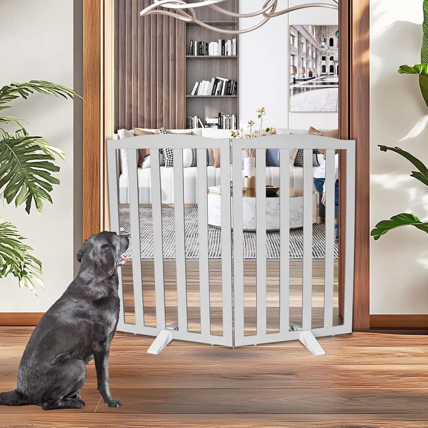 ZJSF Foldable Freestanding Indoor Dog Gate for House Wood White Long Pet Gates Dog Fence for Stairs Puppy Gates for Hallways,Pet Fence, Puppy Gate,Support Feet Included 24 "Height-3 Panels