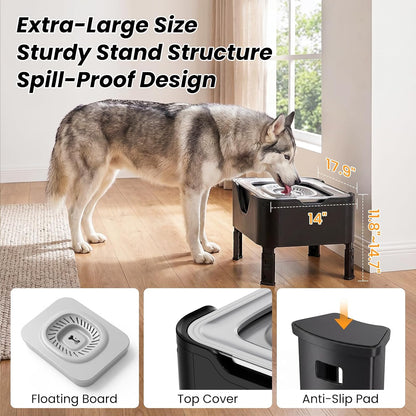 18L (4.7Gal) Extra Large (17.9x14x14.7) Elevated Dog Water Bowl, 4-Level Height Adjustable Raised Stand for Large & XL Dogs, Stainless Steel No-Spill Bowl with Replaceable Filter for Multi Dog