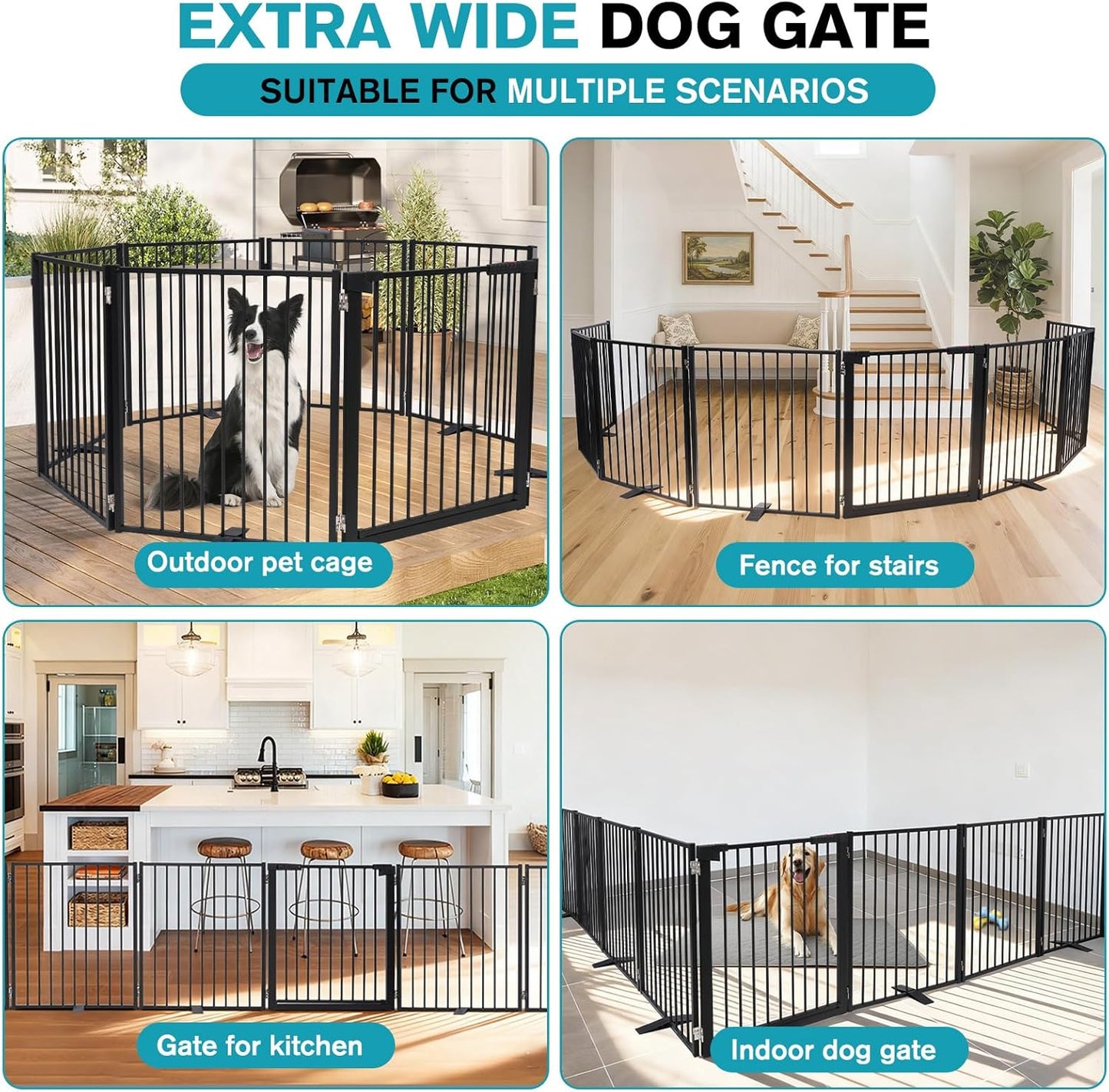 Snagle Paw Extra Wide Dog Gate,Free Standing Dog Fence with Door, Up to 104 Inch Wide Pet Gate with Support Feet for Stairs, Hallways, Doorways, Yard (Black, 4 Panels)
