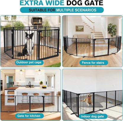 Snagle Paw Extra Wide Dog Gate,Free Standing Dog Fence with Door, Up to 104 Inch Wide Pet Gate with Support Feet for Stairs, Hallways, Doorways, Yard (Black, 4 Panels)