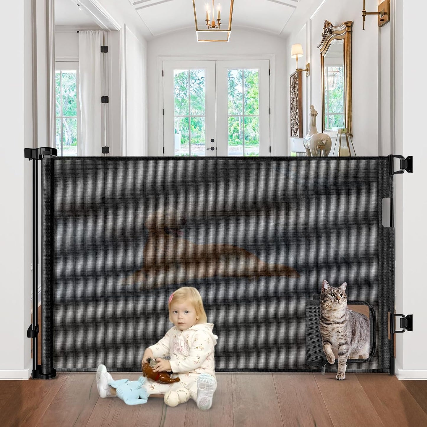 Retractable Baby Gates with Door 55" Wide Retractable Dog Gate with Pet Door Outdoor Retractable Gate for Dogs Mesh Baby Gate Retractable Pet Gate with Cat Door Retractable Child Gates for Doorways