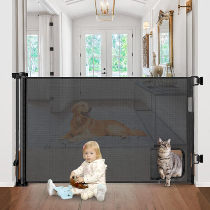 Retractable Baby Gates with Door 55" Wide Retractable Dog Gate with Pet Door Outdoor Retractable Gate for Dogs Mesh Baby Gate Retractable Pet Gate with Cat Door Retractable Child Gates for Doorways