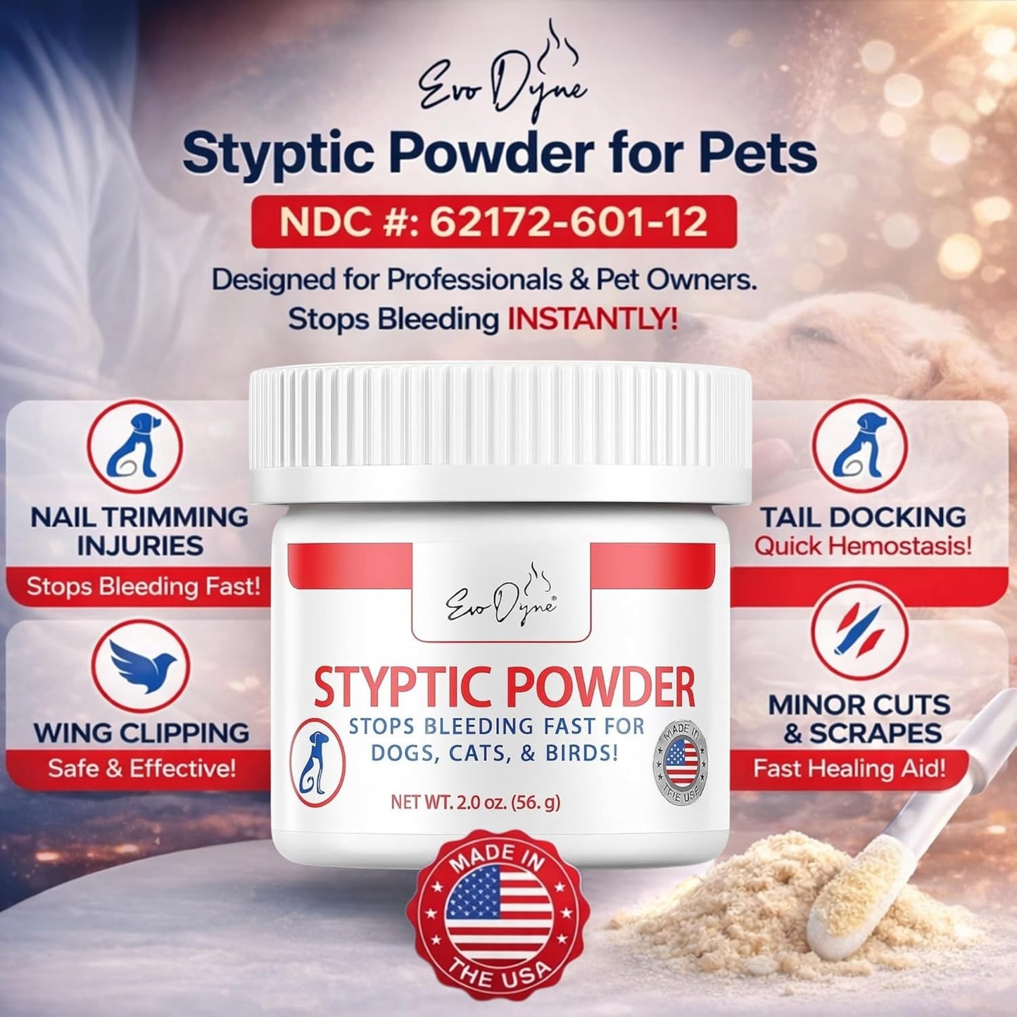 Styptic Powder for Dogs, Cats, and Birds (2 oz) by Evo Dyne | Fast-Acting Blood Stop for Pets | Quick Stop Bleeding Powder for Dog Nail Clipping, Grooming, Cuts and More (1-Pack)