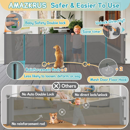 160 Inch Retractable Baby Gates Extra Wide, 42 Inch Extra Tall Retractable Gate, 13 FT Reinforced Retractable Dog Gate with Reinforcement Rod to Prevent Crawling Through, for Doorways, Stairs, Hallway