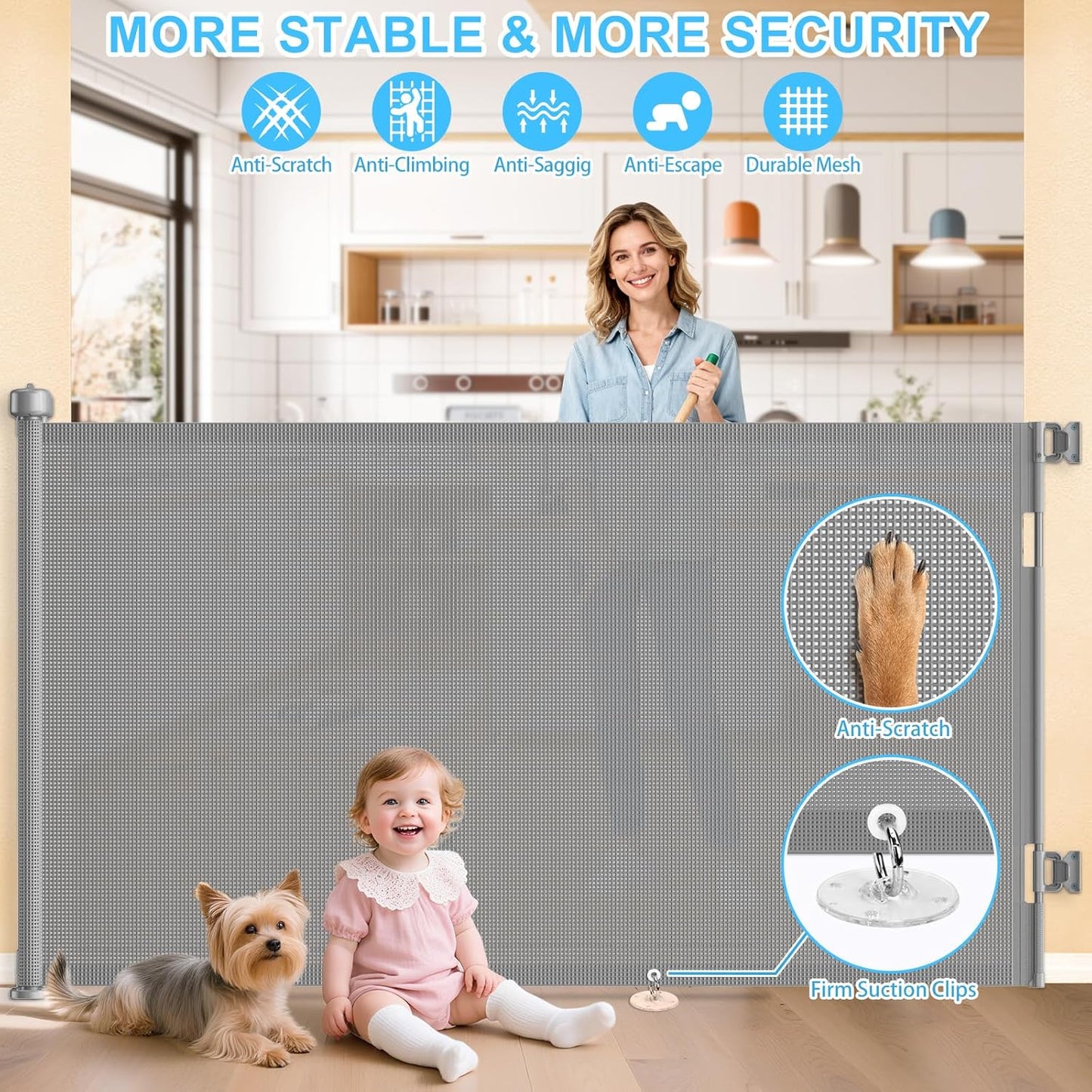 Upgrade 120 inch Retractable Baby Gates, EZIGO Extra Wide Baby Gate for Large Opening Extra Long Mesh Gate for Kids or Pet Dog Gate Child Safety Gate for Stairs Hallways Doorway Indoor Outdoor, Gray