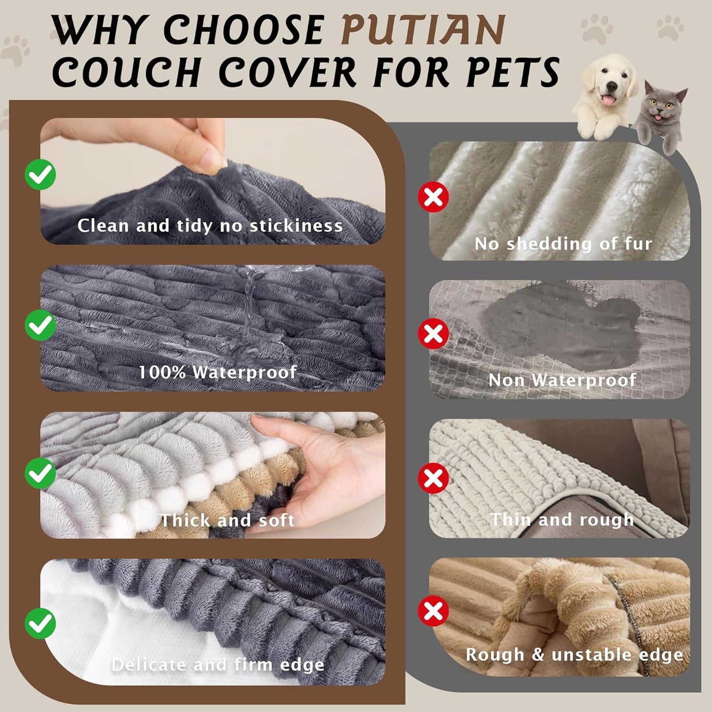 PuTian 100% Waterproof Fuzzy Couch Cover for Dogs Washable Non-Slip Furniture Cover Pet Friendly Dog Mat for Couches and Sofas White 27.6''x59'' 70cmx150cm