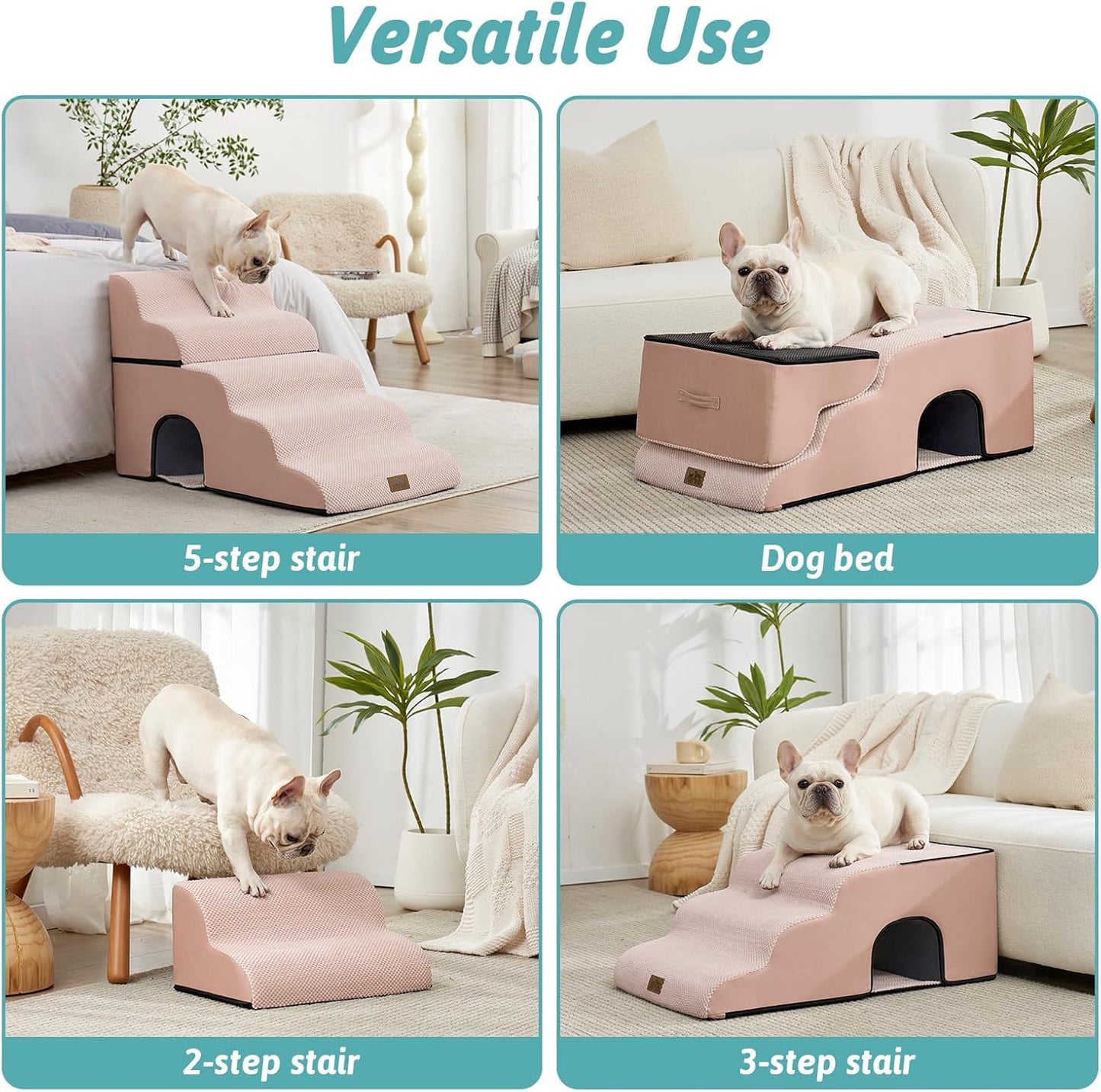 COZY KISS Extra Wide Dog Stairs with Tunnel, Foam Detachable Large Dog Step for Small Pet, Puppy or Cats, Medium Pet Ramp for High Bed, Couch, Sofa or Car, 19.7x33x22.4 inch, 5 Step, Beige