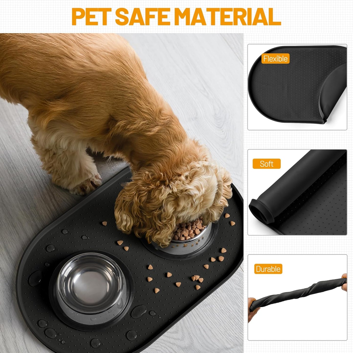 Hubulk 100% Waterproof Silicone Pet Feeding Mat with Raised Edge for Food and Water, Dog Bowl Mats, Cat Bowls Placemat with High Lip Protects Floor for Cats and Dogs (Gray, 19" L x 12" W)