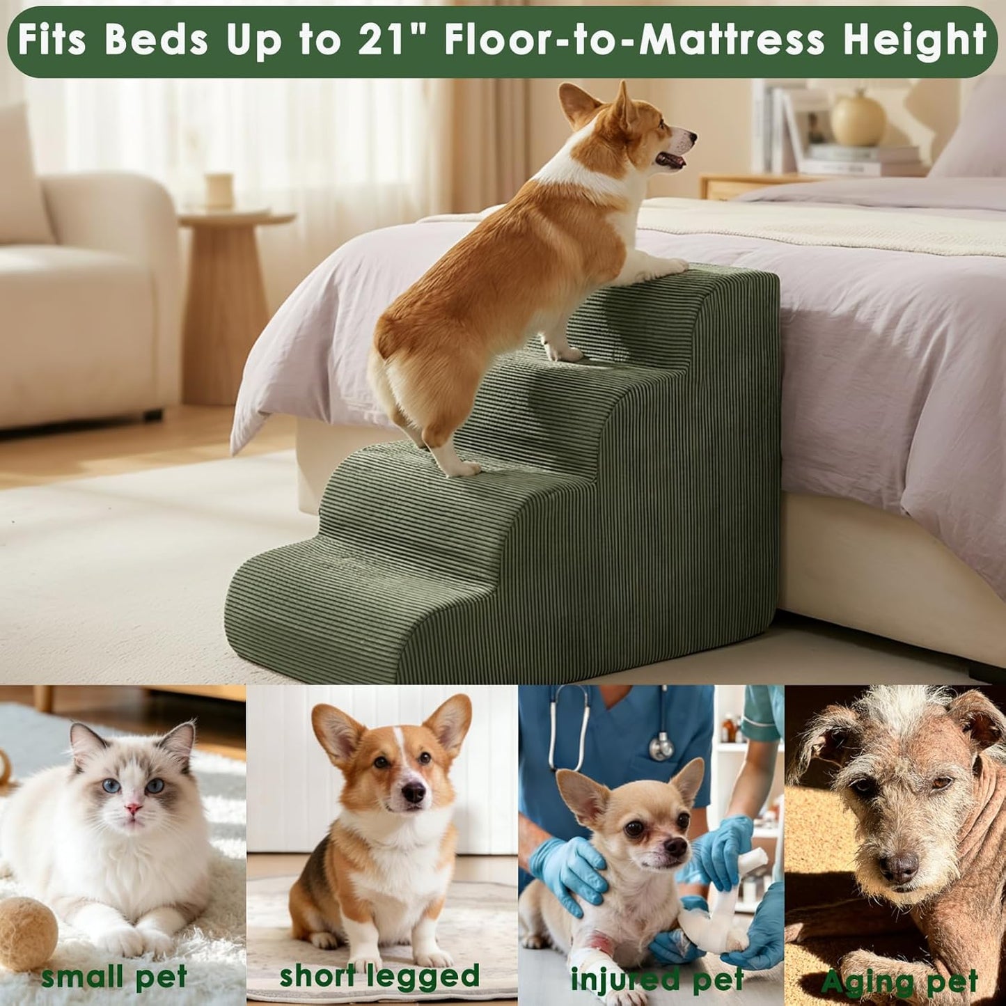 Dog Stairs for Bed 15" H, 3-Step Dog Ramp for Aged and Injured Dogs, Up to 50 Lbs Foam Pet Stairs for Small Dogs and Cats to Get on Couch or Chair, Non-Slip, Steady, Washable Cover, Green