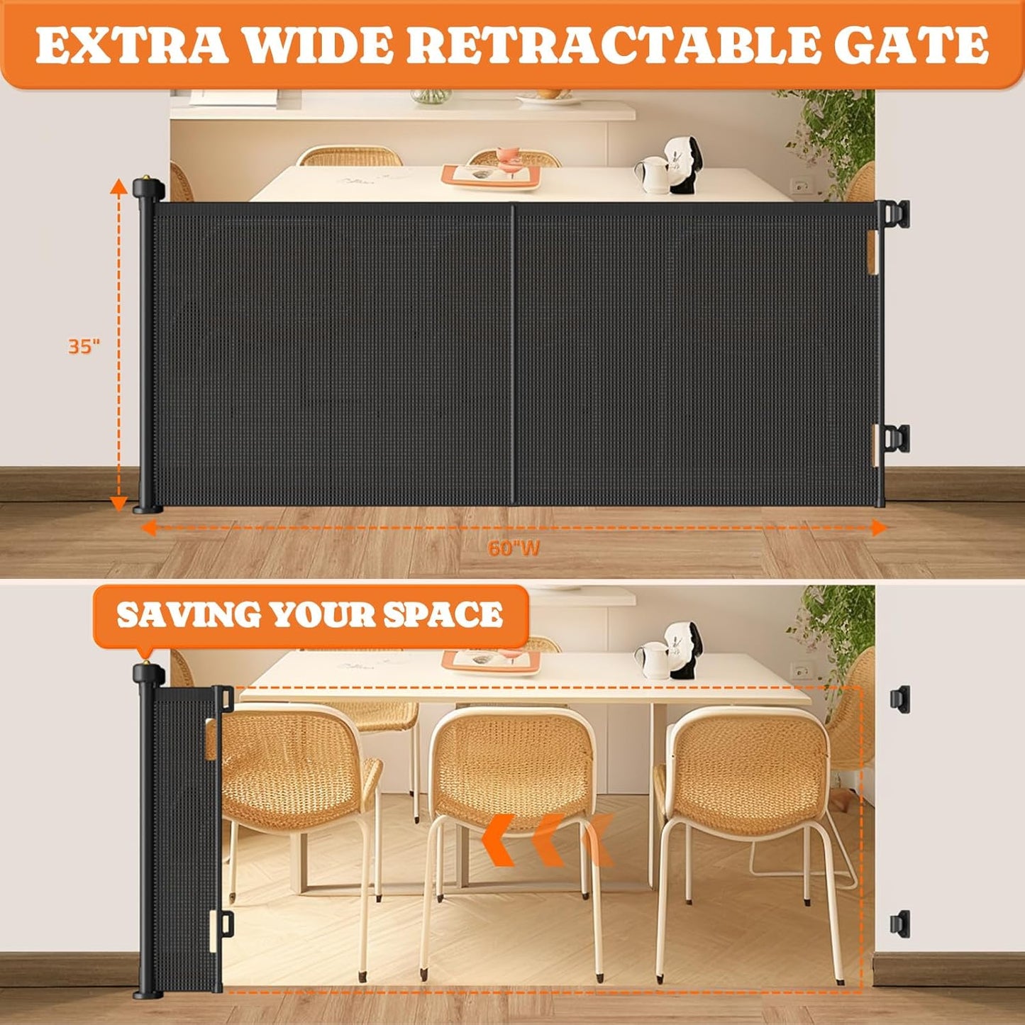 Pawtners Retractable Baby Gates Extra Wide, 41" Tall Extends up to 71" Wide, Dog Gate Indoor for Stairs, Pet Gate with Support Rods for Doorways Hallways Indoor & Outdoor-Black