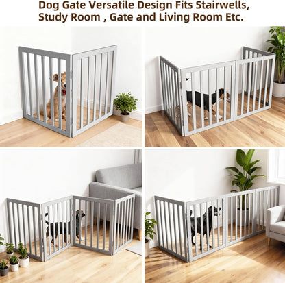 ZJSF Freestanding Indoor Dog Gate for House Foldable Wood Brown Puppy Gate for Doorways Pet Gate for Stairs Extra Wide Pet Fence 24" Height 2 Panels