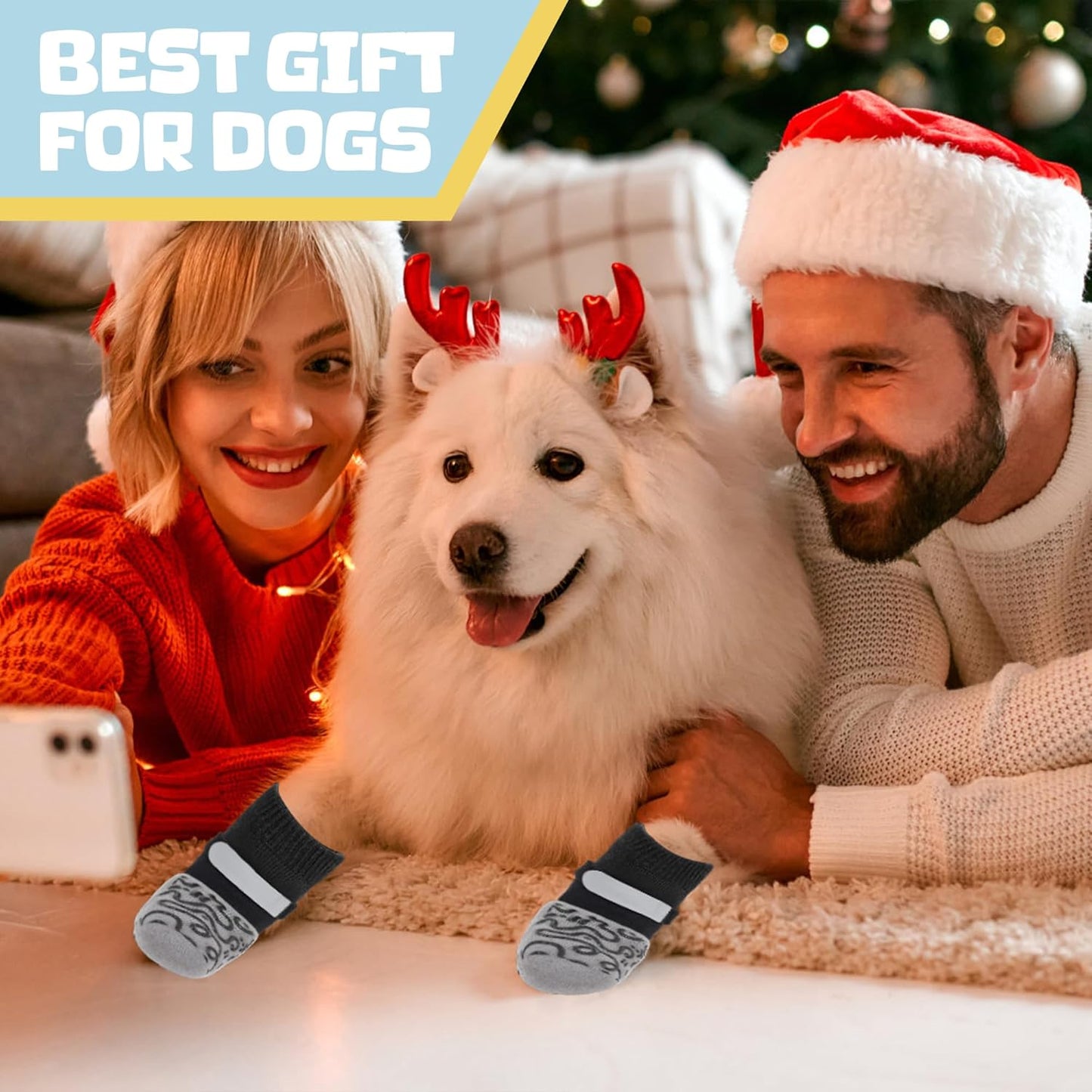 6Pcs Non Slip Dog Socks for Hardwood Floors, 3rd Gen Dog Paw Protector, Prevent Licking Paws, Double Sided Grips and Reflective Straps, Large Size