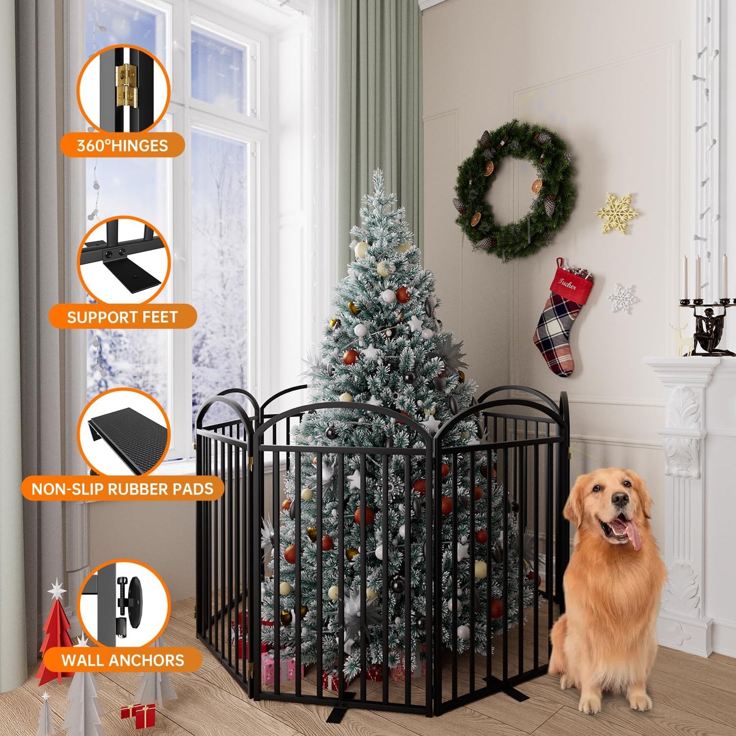 SNUOWU 4 Panels Full Matel Freestanding Dog Gates with Door, 96"Extra Wide 32"Tall Free Standing Dog Pet Gate for Indoor & Outdoor. Foldable Pet Fences for Doorways, House, Stairs, Porch, Deck, Yard