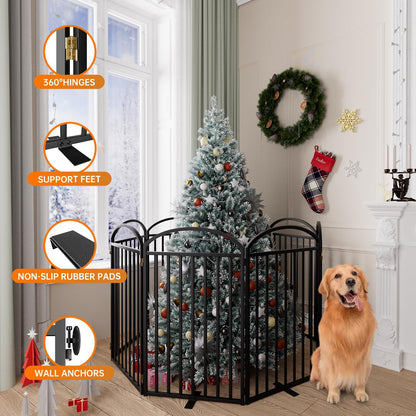 SNUOWU 4 Panels Full Matel Freestanding Dog Gates with Door, 96"Extra Wide 32"Tall Free Standing Dog Pet Gate for Indoor & Outdoor. Foldable Pet Fences for Doorways, House, Stairs, Porch, Deck, Yard