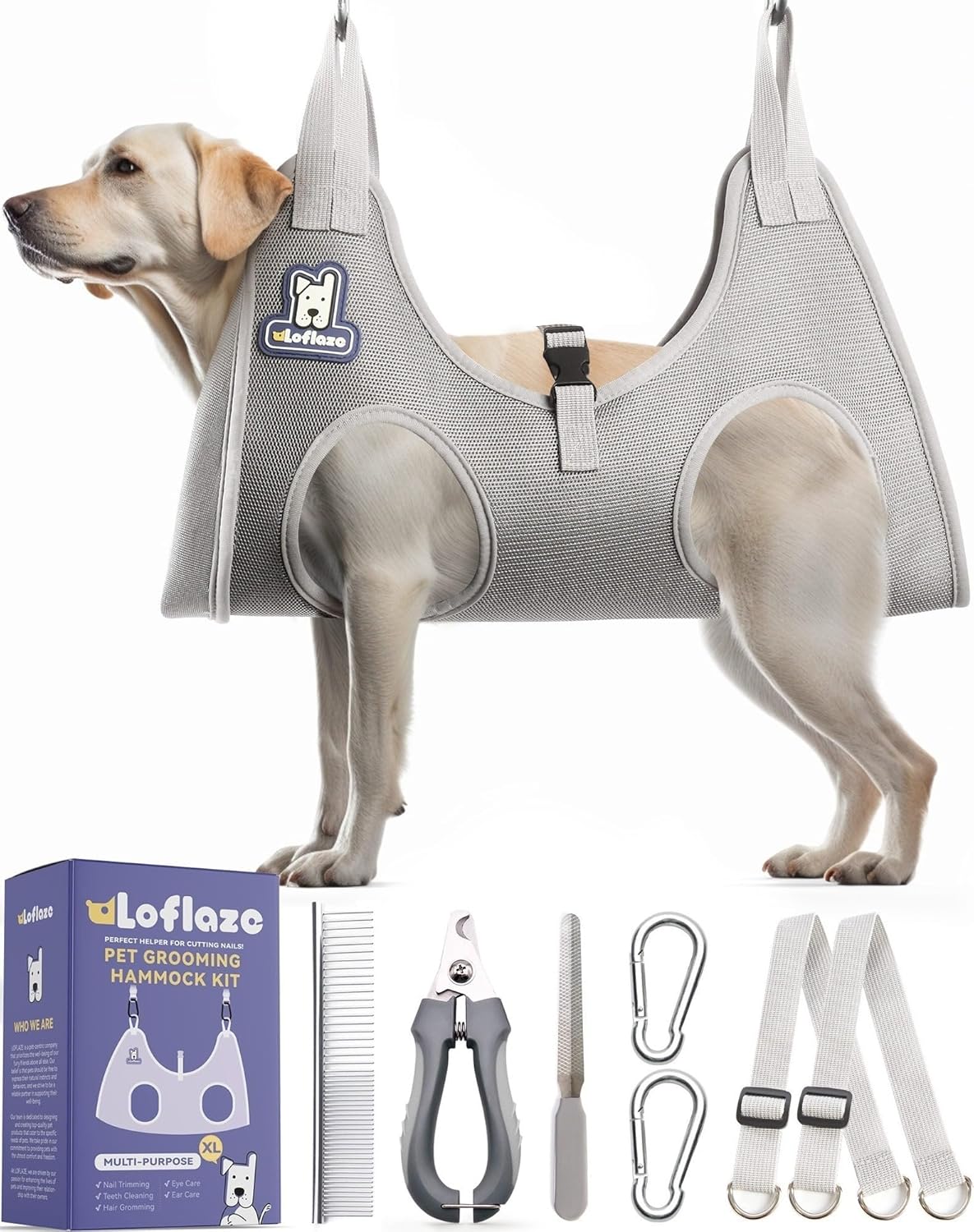 Loflaze Dog Grooming Hammock Harness for Dogs & Cats with Pet Nail Clipper Trimmer - Cat Hanger Sling for Trimming Clipping Nails- Dog Hammock Restraint Bag for Small Medium Large pet （ Grey S ）