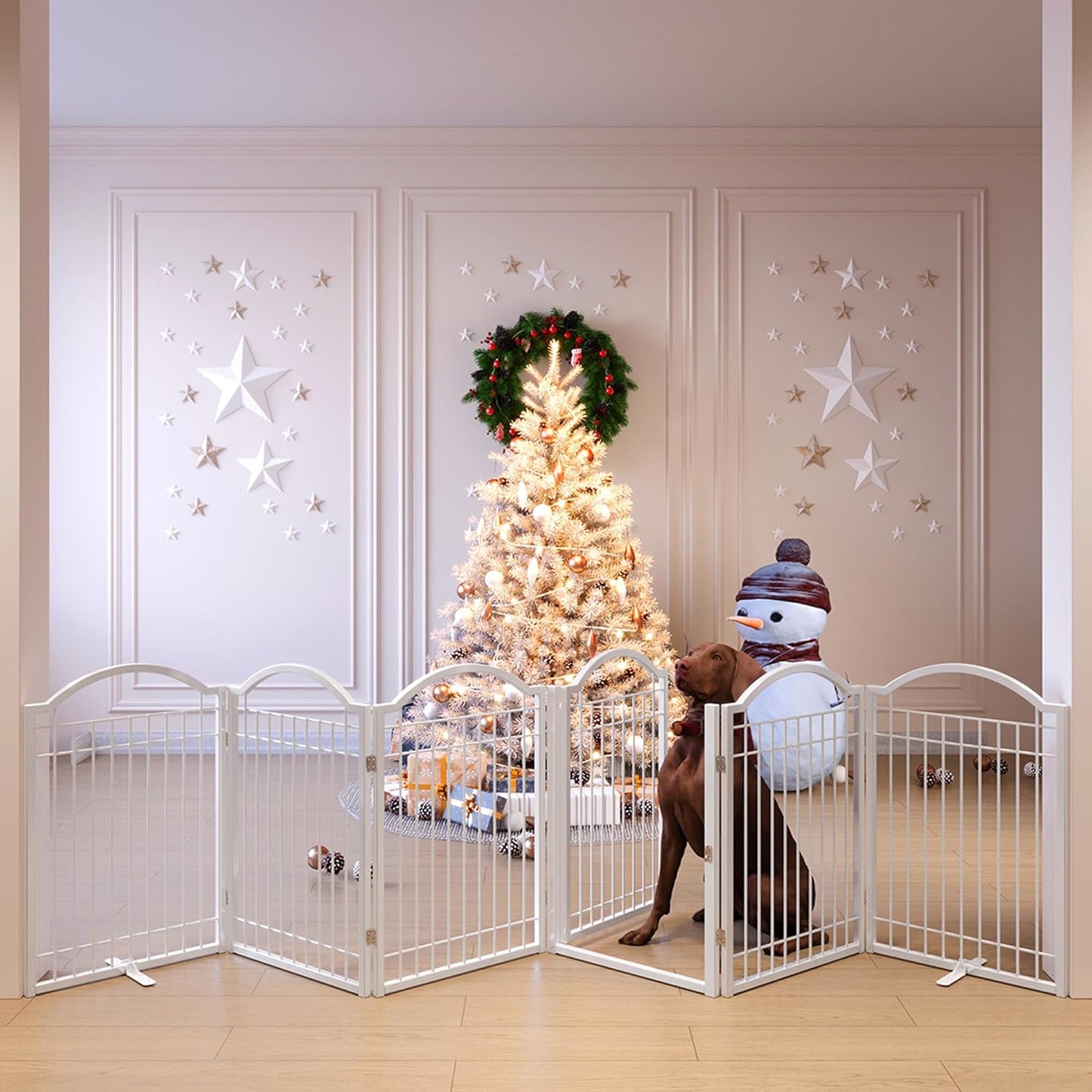 BHG Metal No-Assembly Freestanding Dog Gate with Door Walk Through, Extra Wide 144", Extra Tall 32" Pet Gate, Accordion Puppy Folding Playpen Dog Fence, with 2PCS Support (Black, 6 panesl)