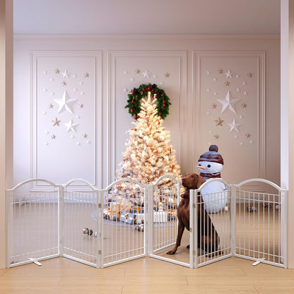 BHG Metal No-Assembly Freestanding Dog Gate with Door Walk Through, Extra Wide 144", Extra Tall 32" Pet Gate, Accordion Puppy Folding Playpen Dog Fence, with 2PCS Support (Black, 6 panesl)