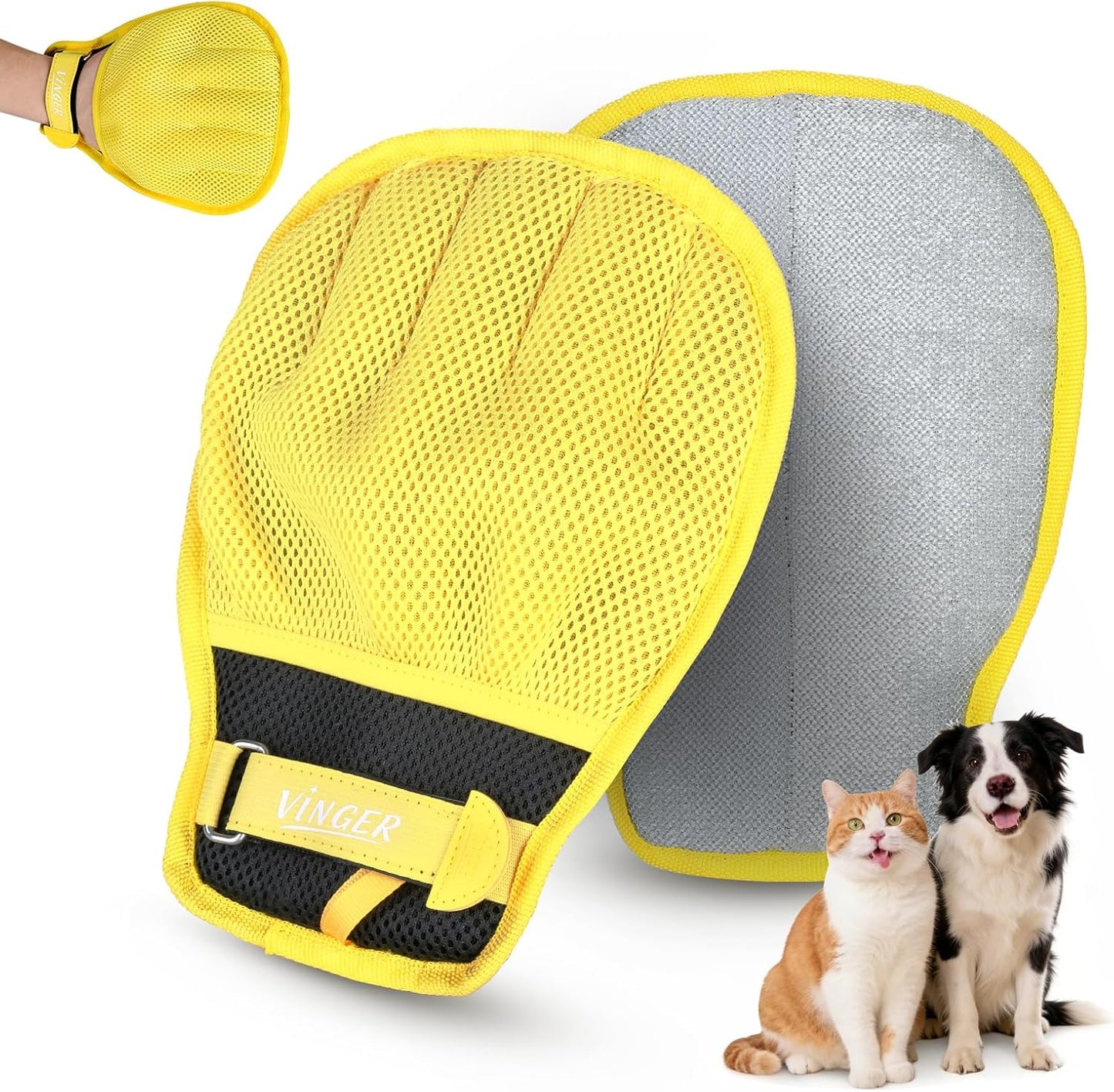 VINGER Pet Hair Removal Glove for Cats & Dogs, Electrostatic Pet Hair Gloves with Adjustable Wristband, Five-Finger Magic Brush Remover Tool for Laundry, Carpet, Couch, Car Seats & Clothing (Black)