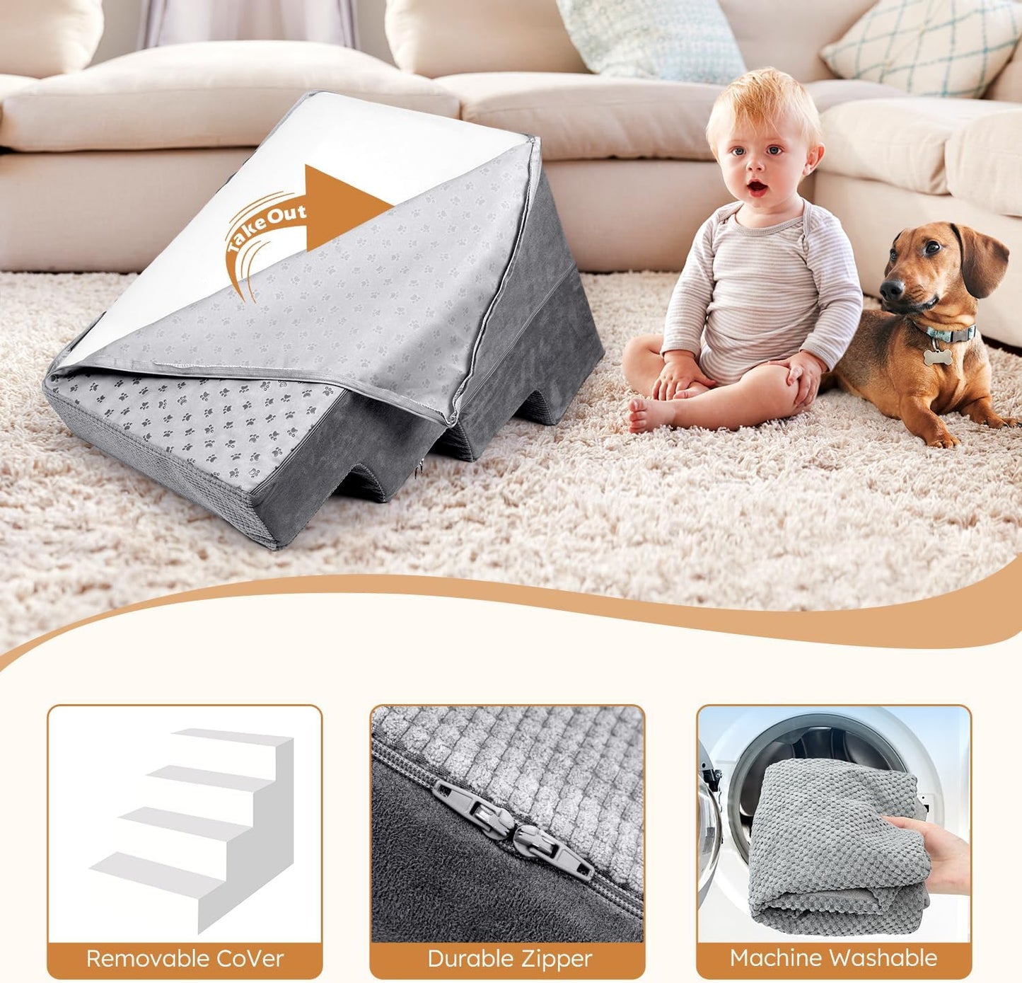 Heeyoo Dog Stairs for Small Dogs,5-Step Dog Steps for High Bed and Couch, High-Density Foam Pet Steps with Supporting Board, Non-Slip Removable Washable Cover, Grey