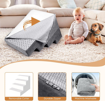 Heeyoo Dog Stairs for Small Dogs, 4-Step Dog Steps for High Bed and Couch, High-Density Foam Pet Steps with Supporting Board, Non-Slip Removable Washable Cover, Grey, 18" High