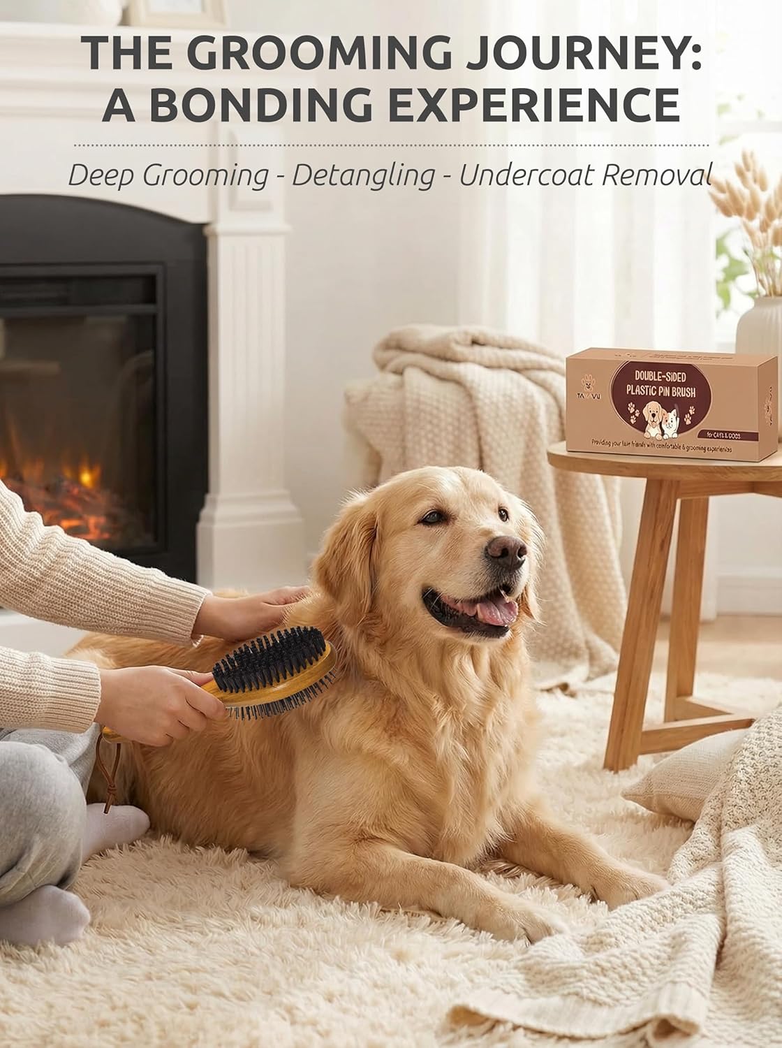 TAKAVU Short Hair Dog & Cat Deshedding Brush - Double Sided Grooming Tool with Silicone Massage & Bristle Sides - Removes Loose Fur & Dirt - Wood Handle