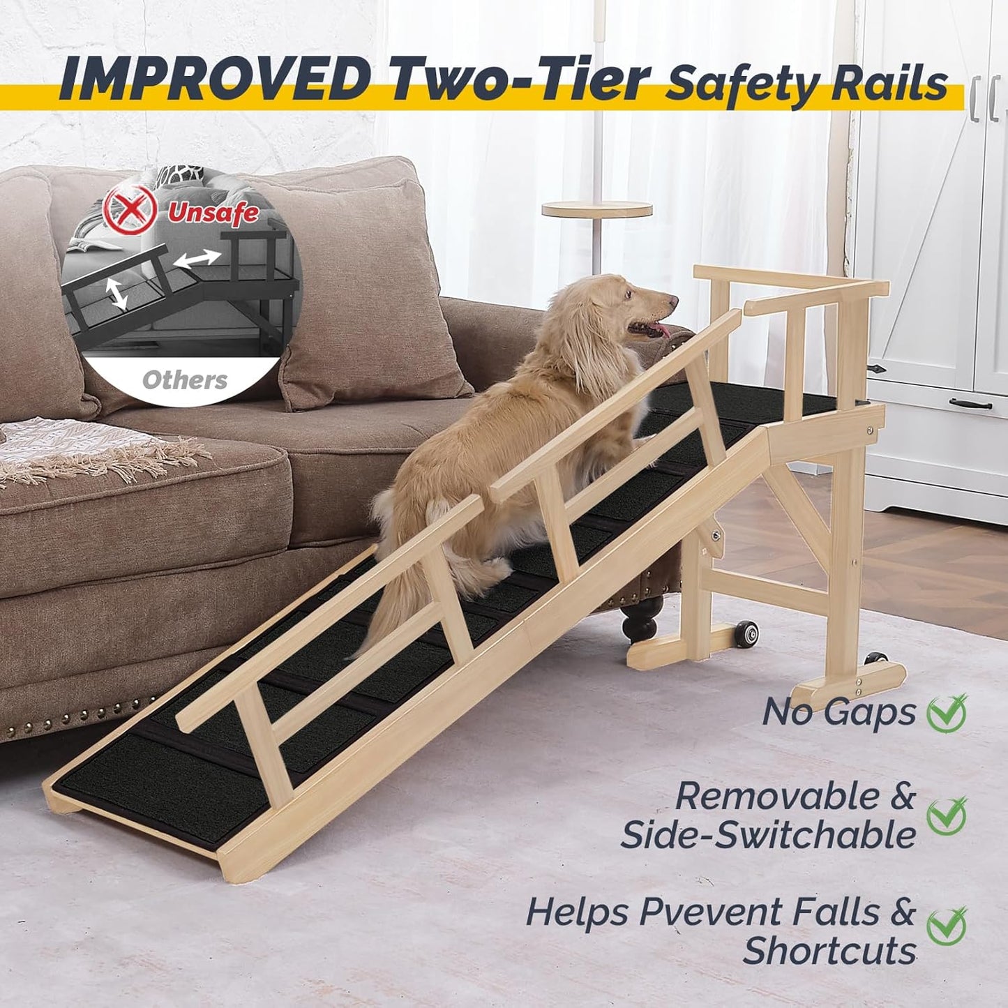 Dog Ramp for Bed or Couch, Wooden Pet Ramp with 20° Gentle Slope, Removable Side Rails, Non-Slip Surface, Top Platform & Wheels, Safe Bed Ramp for Small, Large & Senior Dogs, 60" Long, Mahogany