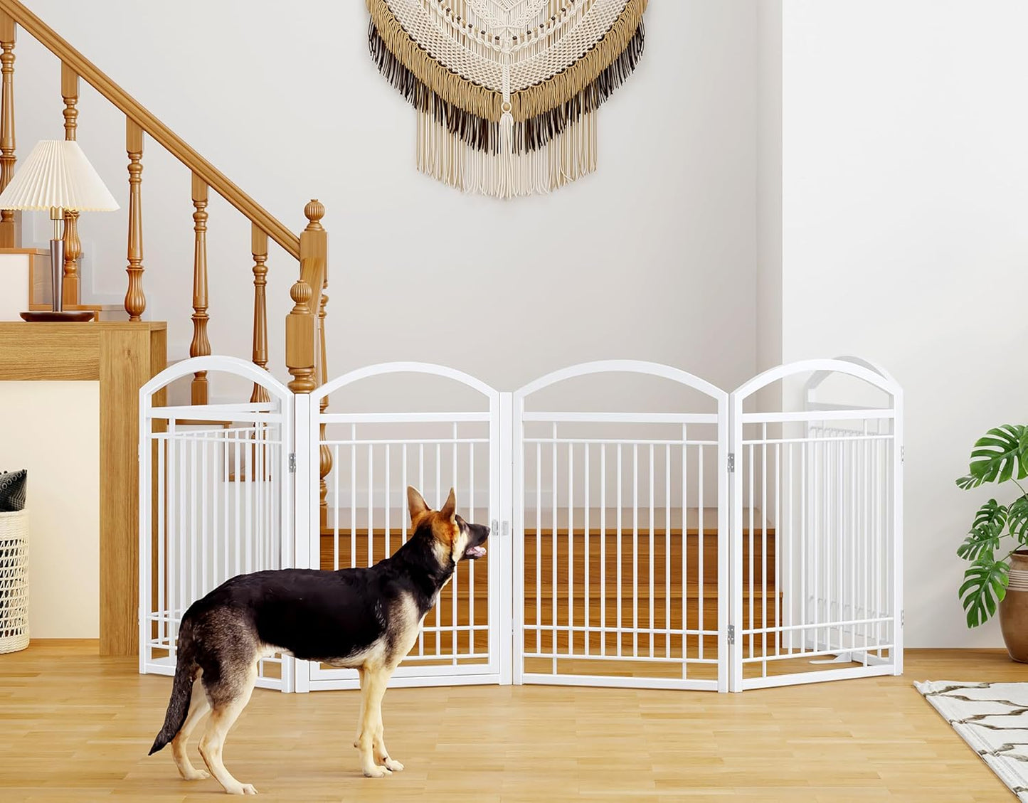 Folding No-Assembly Metal Freestanding Dog Gate with Door Walk Through,32" Height Pet Fence,144" Extra Wide Accordion Puppy Folding Playpen for Doorways,House,Stairs (6 Panels,White)