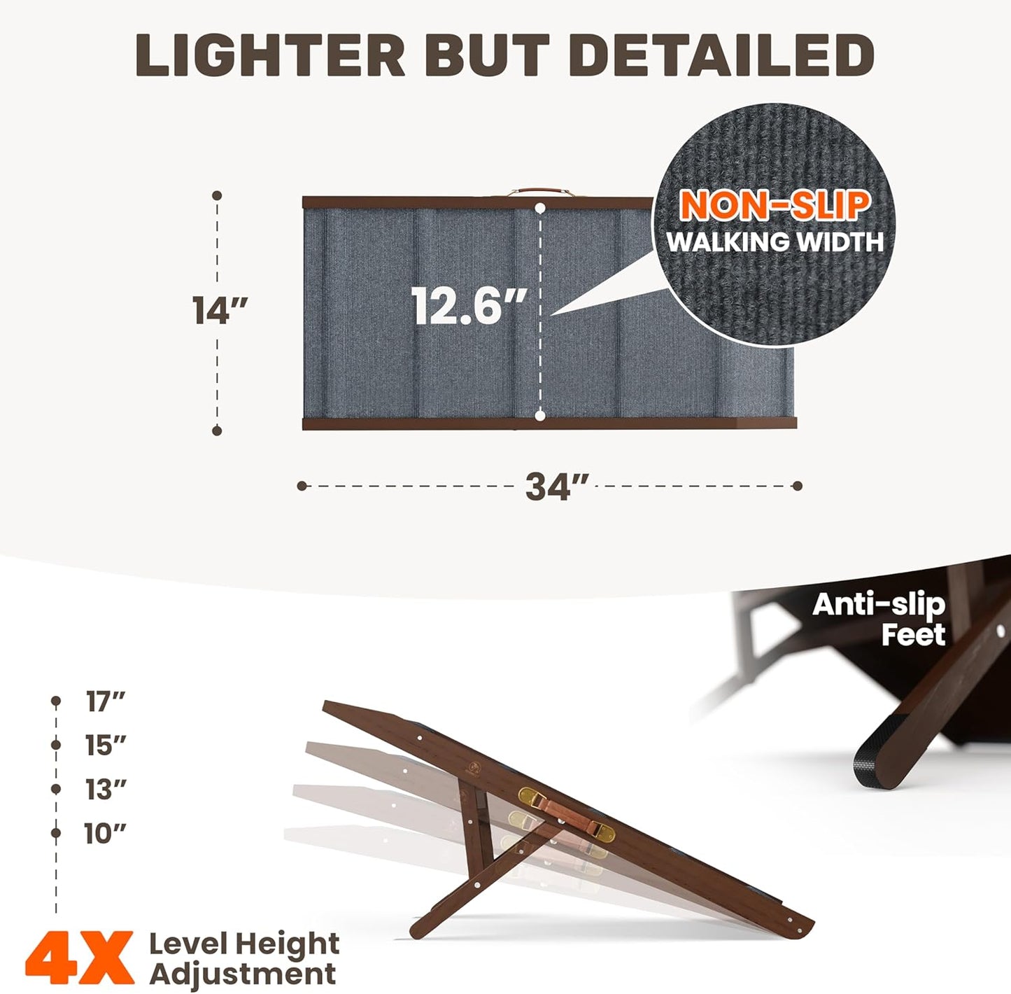 Adjustable Dog Ramp - 50" L x 18.5" W Ramp for Large Dogs to Get on Bed with 6 Incline Levels & Non-Slip Traction Carpet - Also Ideal for Medium & Large Breeds (Natural)