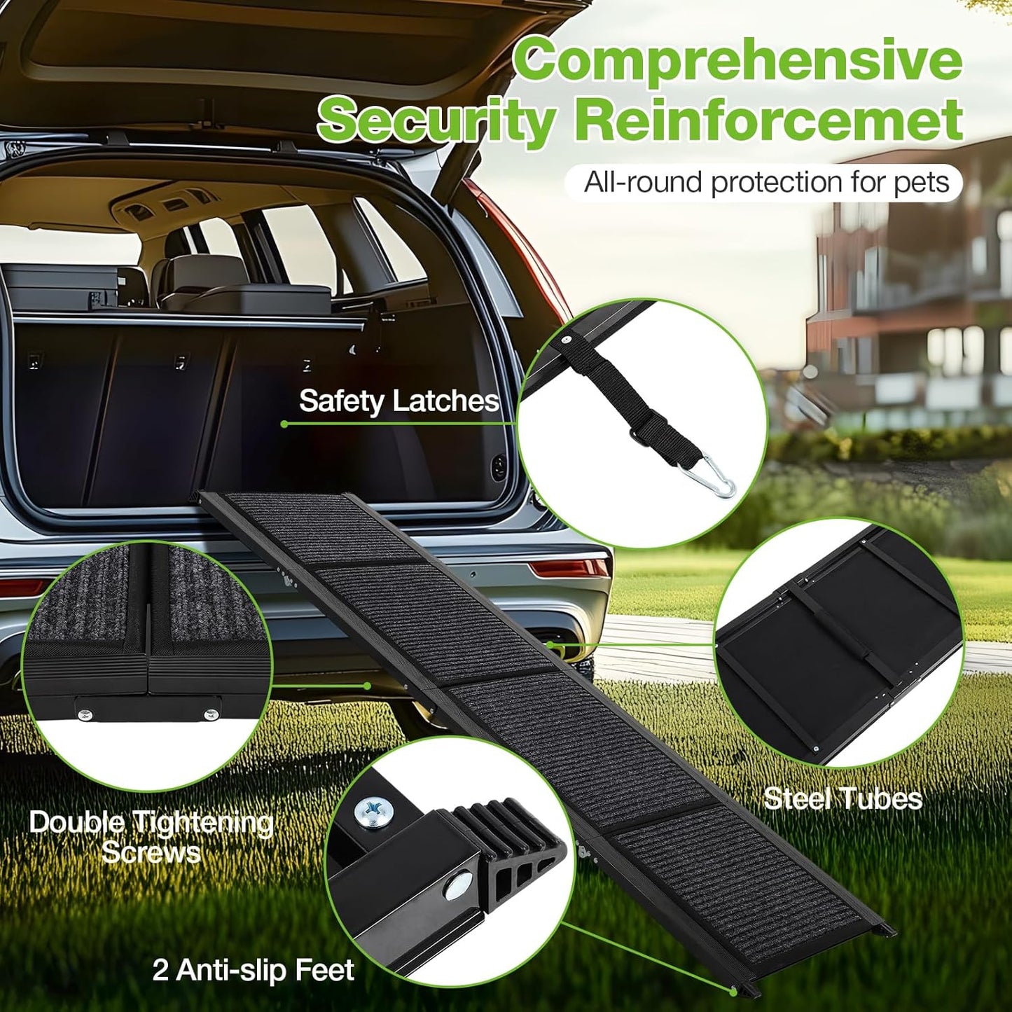 FAHKNS Dog Ramp for Car, 71" x 17" Extra Long Wide Folding Pet Ramp, Non-Slip Rug Surface, Aluminum, Black, Up to 300 LBS