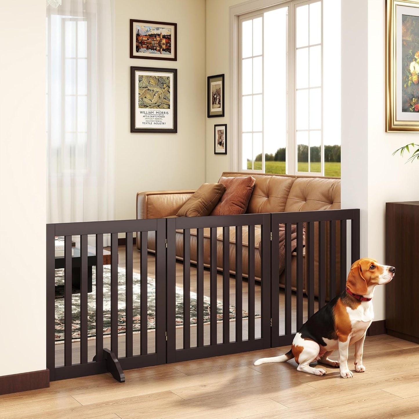 PUPETPO 24”H Freestanding Wooden Pet Gate, Dog Gate for Stairs, Doorways, and Hallways, Step Over Foldable Pet Fence for Indoor Use, Support Feet Included, 60 inch Wide 3 Panels, Grey