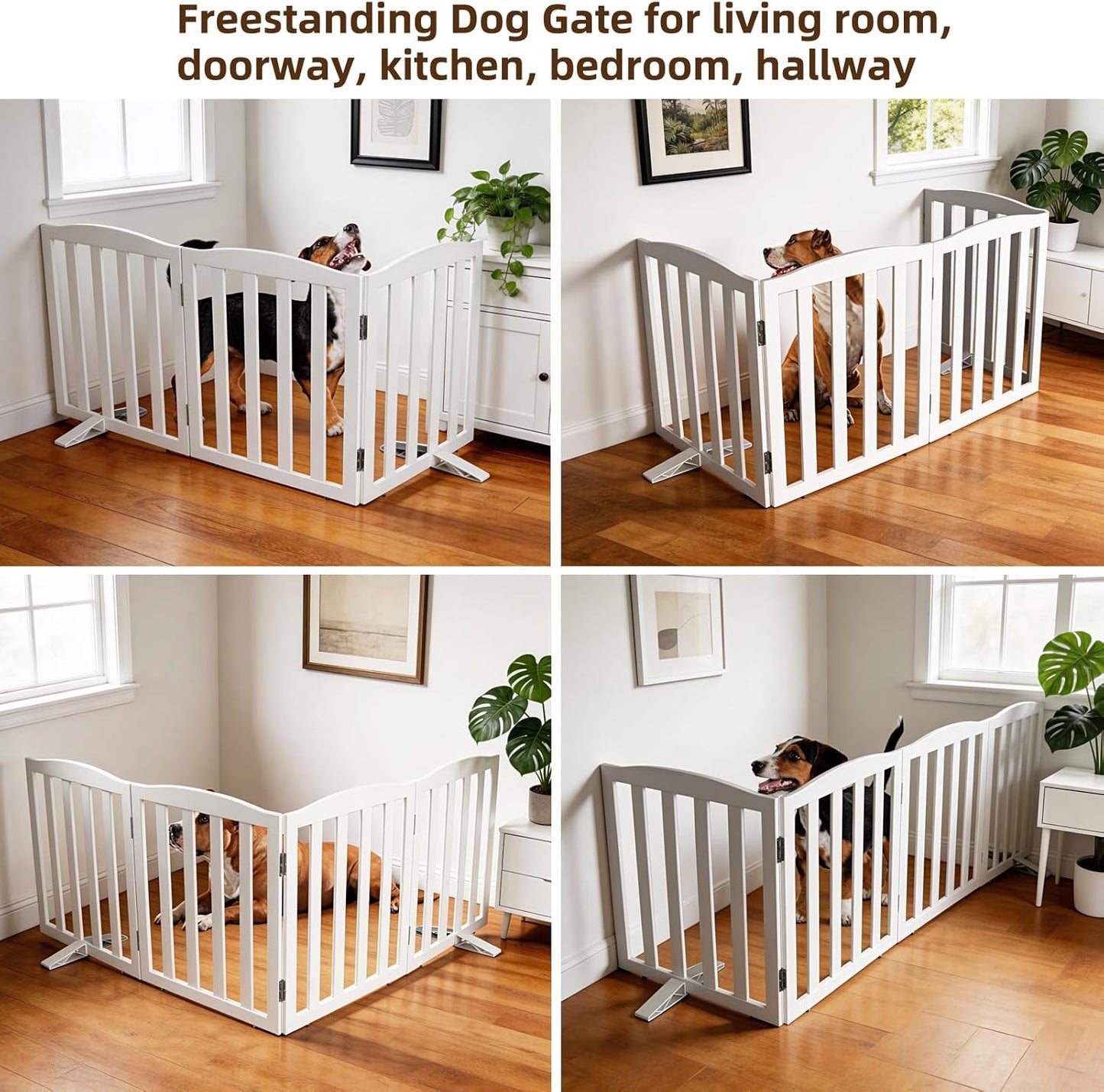 ZJSF Foldable Freestanding Indoor Dog Gate for House Wood White Long Pet Gates Dog Fence for Stairs Puppy Gates for Hallways,Pet Fence, Puppy Gate,Support Feet Included 24 "Height-3 Panels