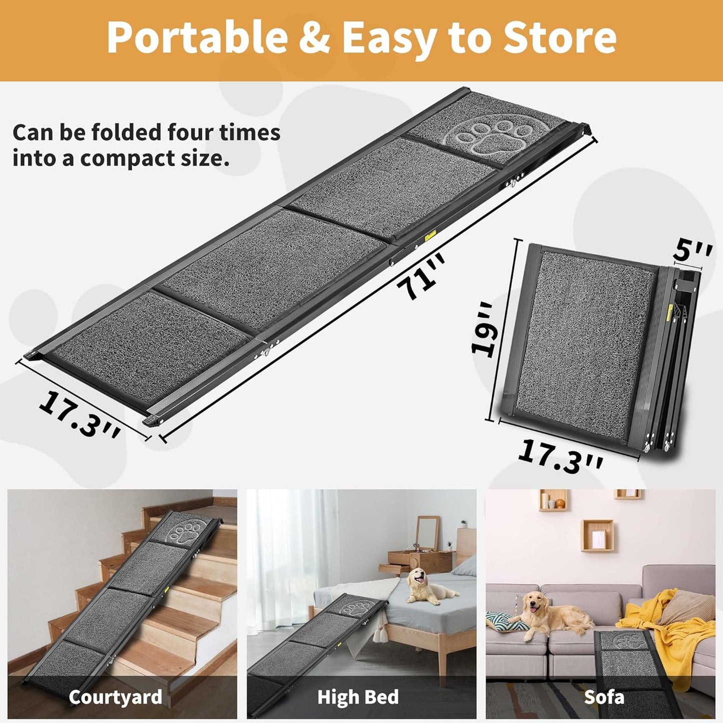 Dog Ramp for Car 63" Long & 17.3" Wide Portable Dog Ramps for Large Dogs with Non-Slip Rug Surface Dog Car Ramp for SUV Car & Truck, Outdoor Pet Ramp Folding Dog Ramp Up to 250LBS