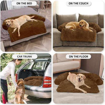 Calming Dog Bed Fluffy Plush Dog Mat for Furniture Protector with Removable Washable Cover for Large Medium Small Dogs and Cats (Large, Light Grey)