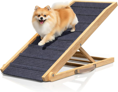 Adjustable Dog Ramp for Bed - 34" Long Foldable Wooden Ramp for Dogs to Get on Bed, Couch, or Car with 12.6" Wide Walking Space (Natural Wood with Gray Carpet)