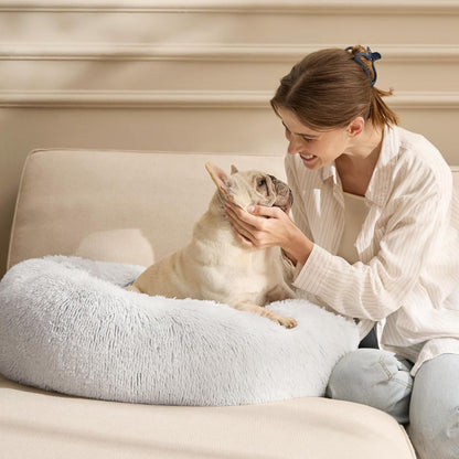 Bedsure Calming Dog Bed Medium Size Dog - Donut Washable Medium Pet Bed, 30 inches Anti-Slip Round Fluffy Plush Faux Fur Cat Bed, Fits up to 45 lbs Pets, Camel